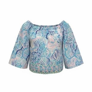 Lilly Pulitzer Lizzie Top Bermuda Blue Fishful Thinking Engineered